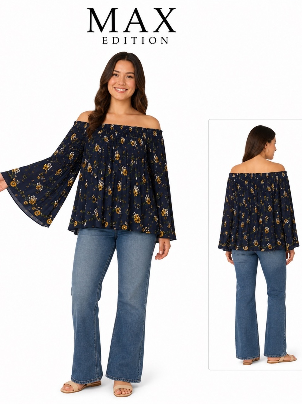 Max Edition Pleated Off Shoulder Wide Sleeves Flowing Blouse Sz: M